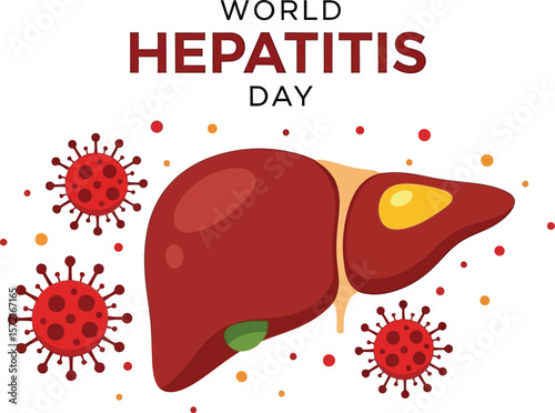 World hepatitis day illustration with liver and virus on a white background