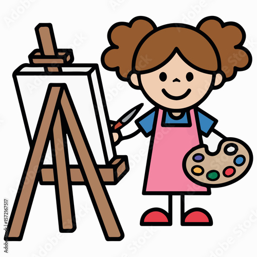 Cute cartoon artist girl painting on canvas with easel and palette vector illustration for art class 