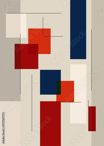 Modern minimalist abstract art, geometric shapes, lines, rectangles, and squares in shades of blue, red, gray, and white. Poster, decoration, overlapping colors.