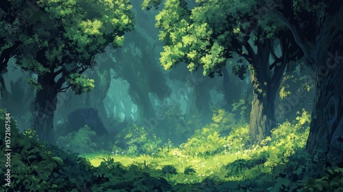 Fototapeta Naklejka Na Ścianę i Meble -  Lush green forest with dense trees and vibrant nature