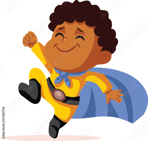 Happy Super-baby of African Ethnicity Wearing a Cloak Vector Character. Cheerful child feeling excited and overjoyed wearing superhero costume
