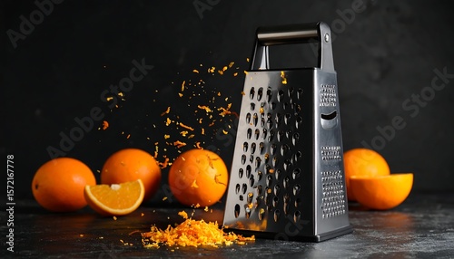 Fresh orange zest, metal grater, dark background