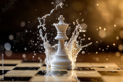 A white chess king piece on a chessboard with water splashing around it in a dramatic scene