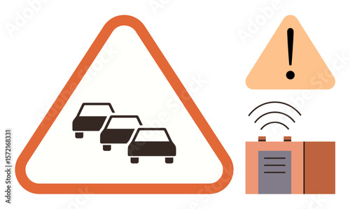 Orange triangular sign with cars indicating traffic, exclamation mark warning, and transmitter with waves. Ideal for traffic management, road safety, technology, congestion awareness, navigation
