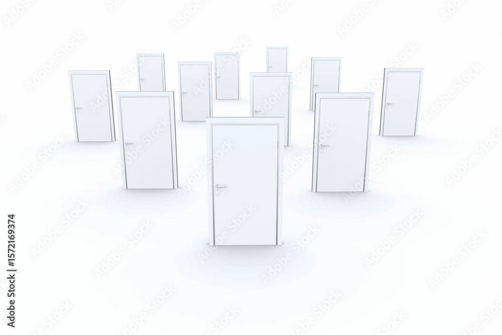 Naklejka premium Frontmost white door is standing in minimal 3D render, surrounding doors are receding in grid