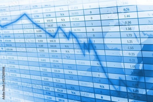 Foto Jagged descending arrow line is overlaying flat design blue financial grid cells