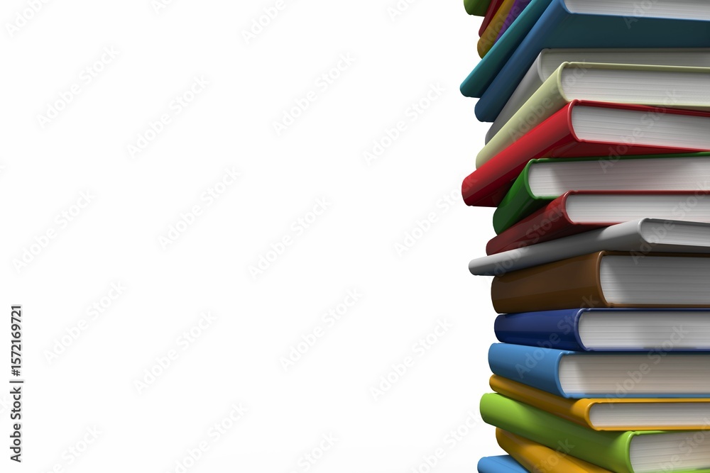 Naklejka premium Hardcover book stack is standing in flat design on white backdrop with colorful covers, copy space