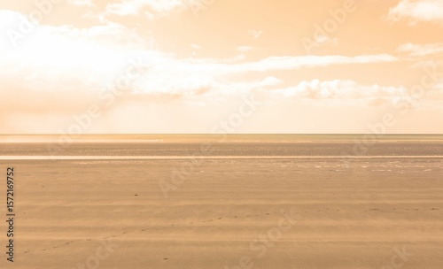 Flat design is showing vast wet sand ripples, water pools with sea horizon beneath scattered clouds