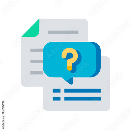 Questionmark documents in speech bubble for websites, presentations or social media posts to convey a sense of curiosity or mystery.