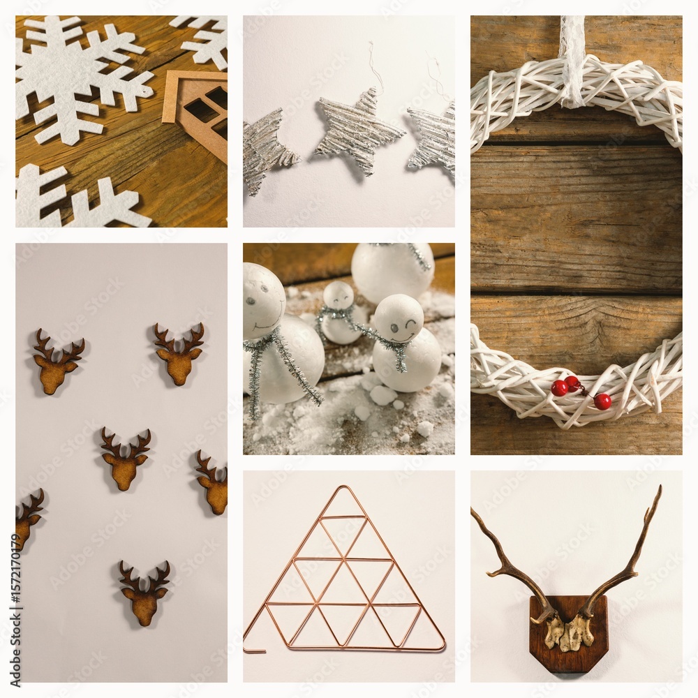 Obraz premium Grid collage is showing winter decorations against weathered wood plank and white backdrop