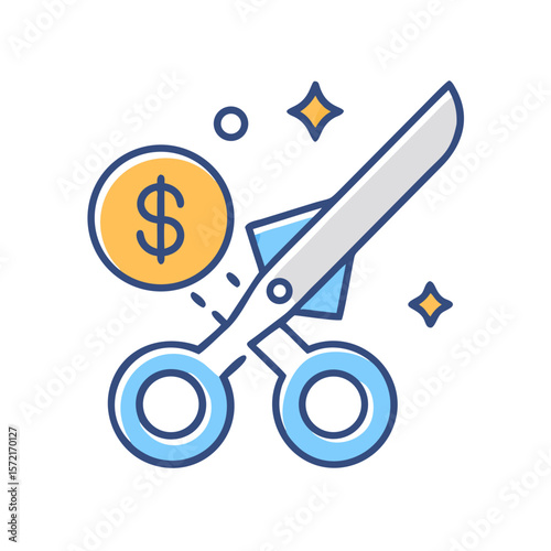 Scissors cutting dollar coin representing cost reduction or savings