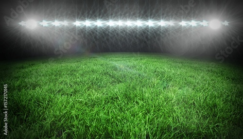 Grass-covered sports field is glowing under high-mounted stadium floodlights in flat design