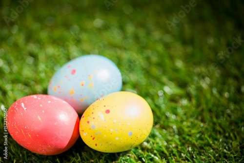 Easter eggs on grass in garden