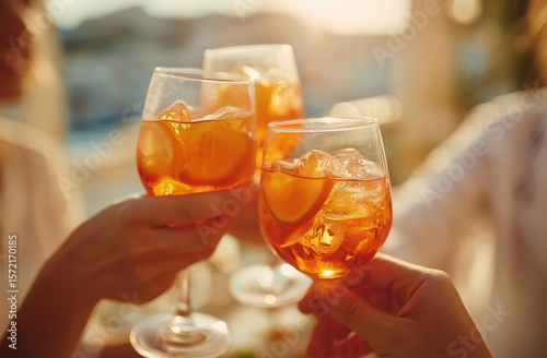 Close-up group toasting with orange cocktails in glasses, three professionals in white shirts against light beige background, warm sunlight for corporate hospitality advertising