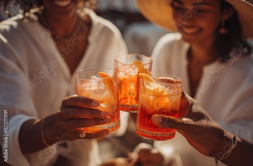 Close-up group toasting with orange cocktails in glasses, three professionals in white shirts against light beige background, warm sunlight for corporate hospitality advertising