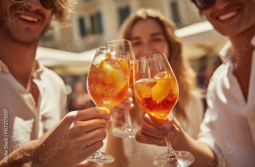 Close-up group toasting with orange cocktails in glasses, three professionals in white shirts against light beige background, warm sunlight for corporate hospitality advertising