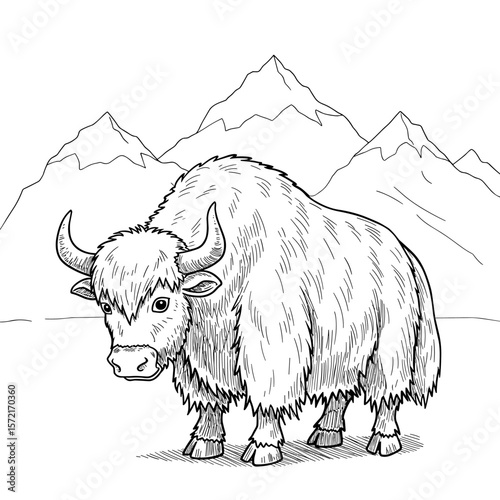 A shaggy yak with large curved horns stands proudly in front of mountain peaks, illustrated in bold black-and-white line art.