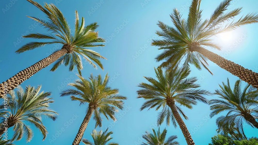 A panoramic shot of date palms against a clear blue sky A panoramic shot of date palms against a clear blue sky