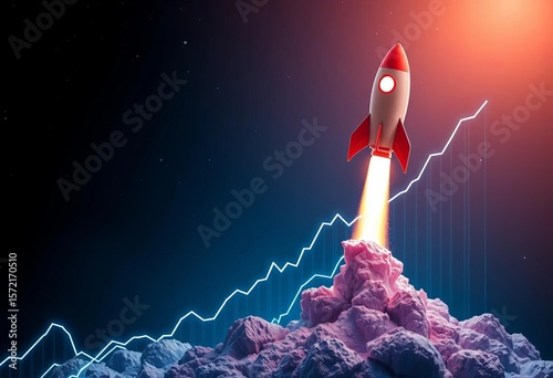 A rocket soaring upward, Bitcoin price graph exponentially rising, futuristic AI lines growing alongside,  digital currency,  innovation