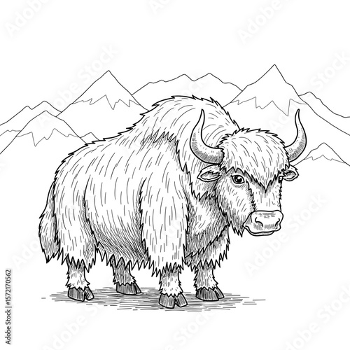 A shaggy yak with curved horns stands in front of mountain peaks, illustrated in bold black-and-white line art.