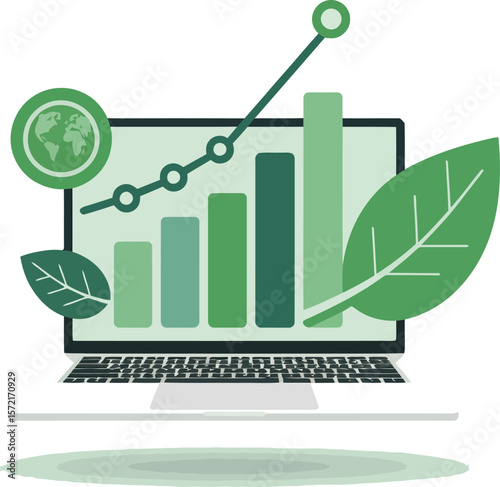 Laptop displaying a rising green bar graph with a globe and leaves symbolizing eco friendly growth. Vector Image, AI Generated
