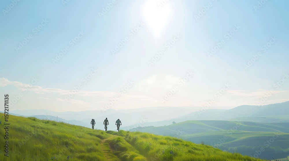 Obraz premium Mountain Bikers on Sunny Rolling Hills Landscape