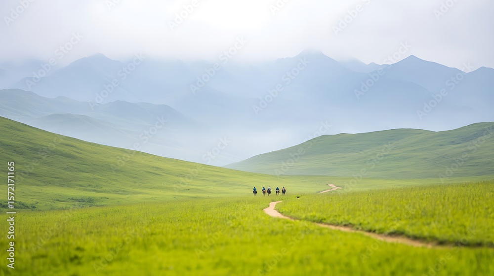 Fototapeta premium Horseback Riders on Misty Mountain Trail