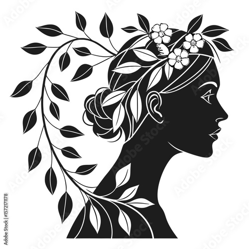 Elegant Woman Silhouette with Floral Wreath: Black and White Vector Art