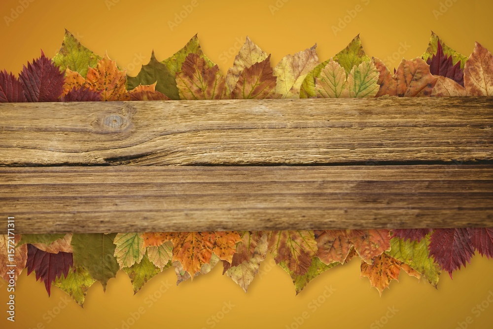 Fototapeta premium Rustic wooden plank is spanning center in flat design with golden gradient backdrop, autumn leaves