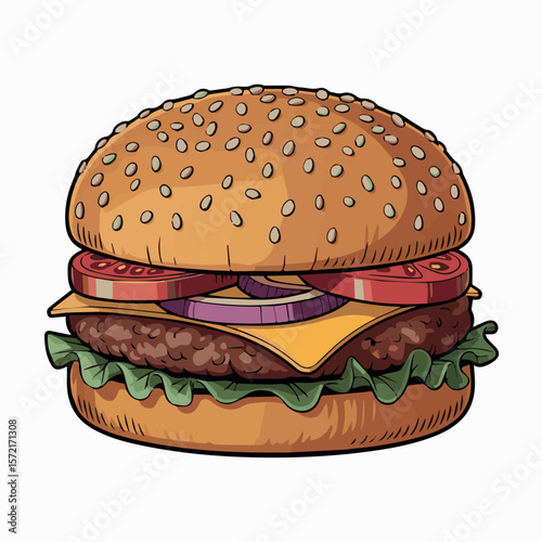 Delicious cheeseburger with sesame bun vector art for food lovers and restaurant menu design needs here