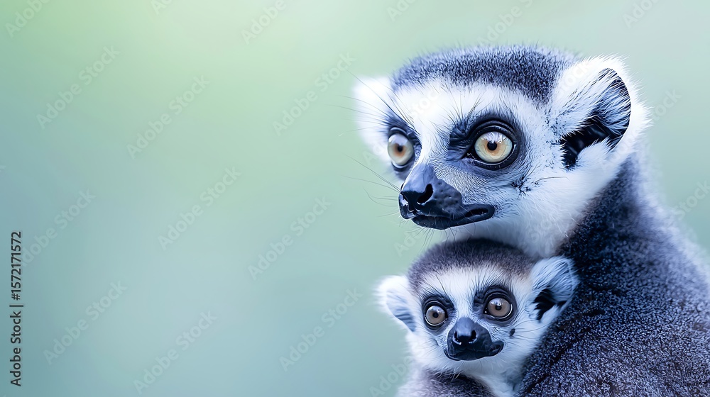Fototapeta premium Mother and Baby Ring-Tailed Lemurs in Wildlife