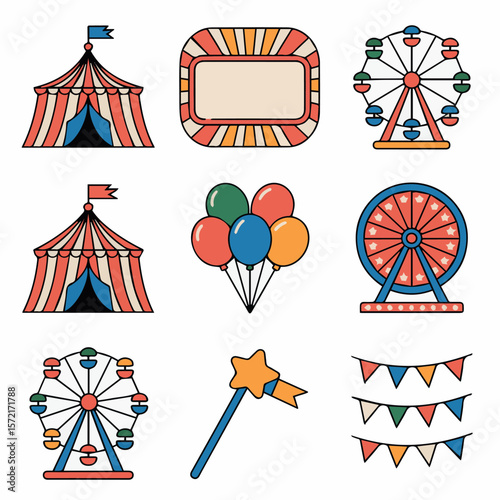 Colorful circus carnival fair elements vector illustration with tent wheel balloons and banner design 