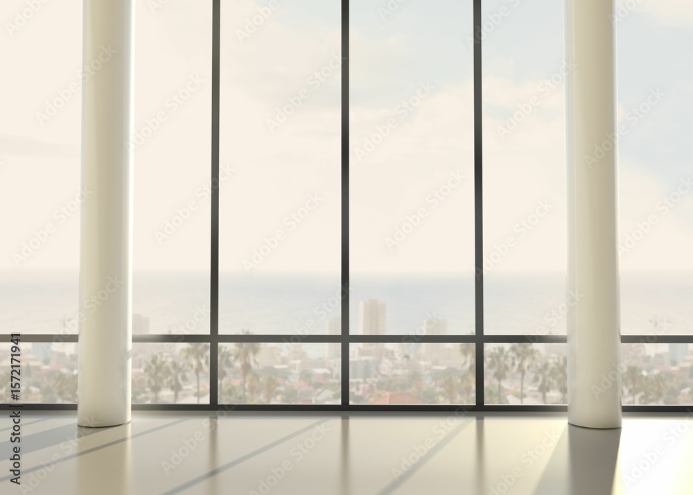 Fototapeta premium Flat minimal design showing empty room with panoramic windows, white columns, shiny floor, sea view