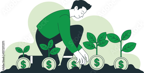 Man planting money trees with dollar coins growing into plants symbolizing financial growth. Vector Image, AI Generated