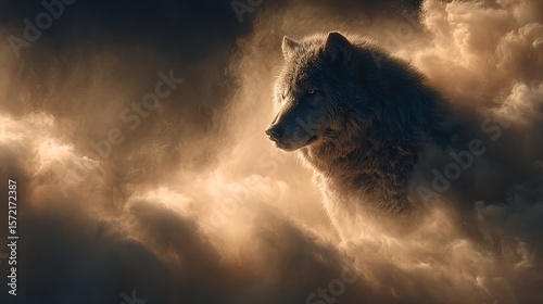 Mystical wolf emerging from glowing clouds in golden light
