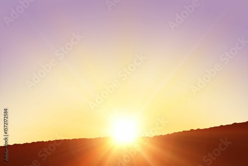Vector illustration showing sun emerging over rocky ridge against gradient sky with lens flares