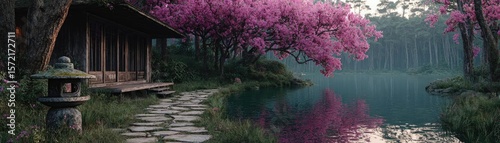 Secret villa concept. Serene waterfront scene with blooming cherry trees and tranquility.