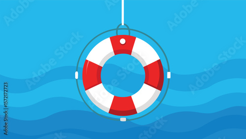 Red lifebuoy floating on calm blue sea for rescue and safety  vector cartoon illustration 
