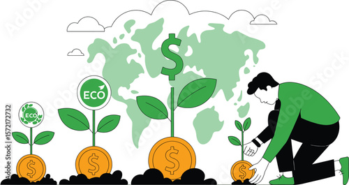 Man planting saplings from coins representing economic growth and environmental sustainability. Vector Image, AI Generated