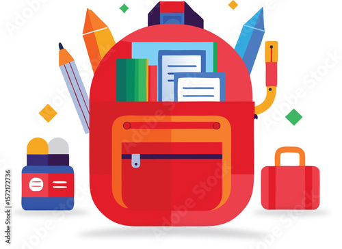 Back to school flat vector illustration set: school bag with pencils and school supplies icon design