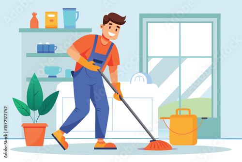 Happy worker with mop and bucket cleaning the floor at home Vector illustration