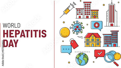 World hepatitis day illustration featuring buildings and medical icons set up