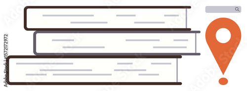 Stack of horizontal books paired with a geolocation marker and search bar, symbolizing knowledge, navigation, and exploration. Ideal for education, research, discovery, learning, technology
