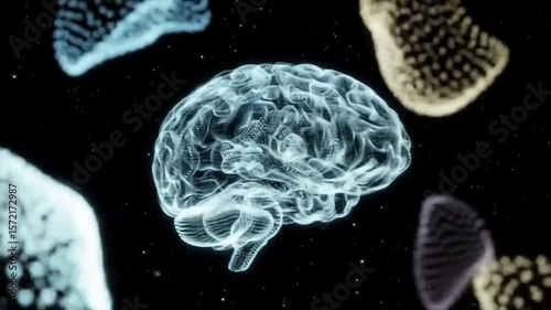 Rotating Hologram Brain with Other Geometric Shapes on Black Background