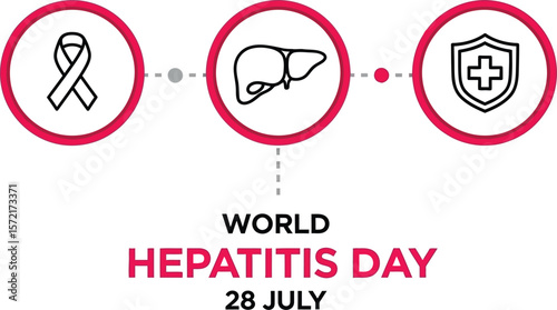World hepatitis day graphic with ribbon, liver, and shield icons in circles