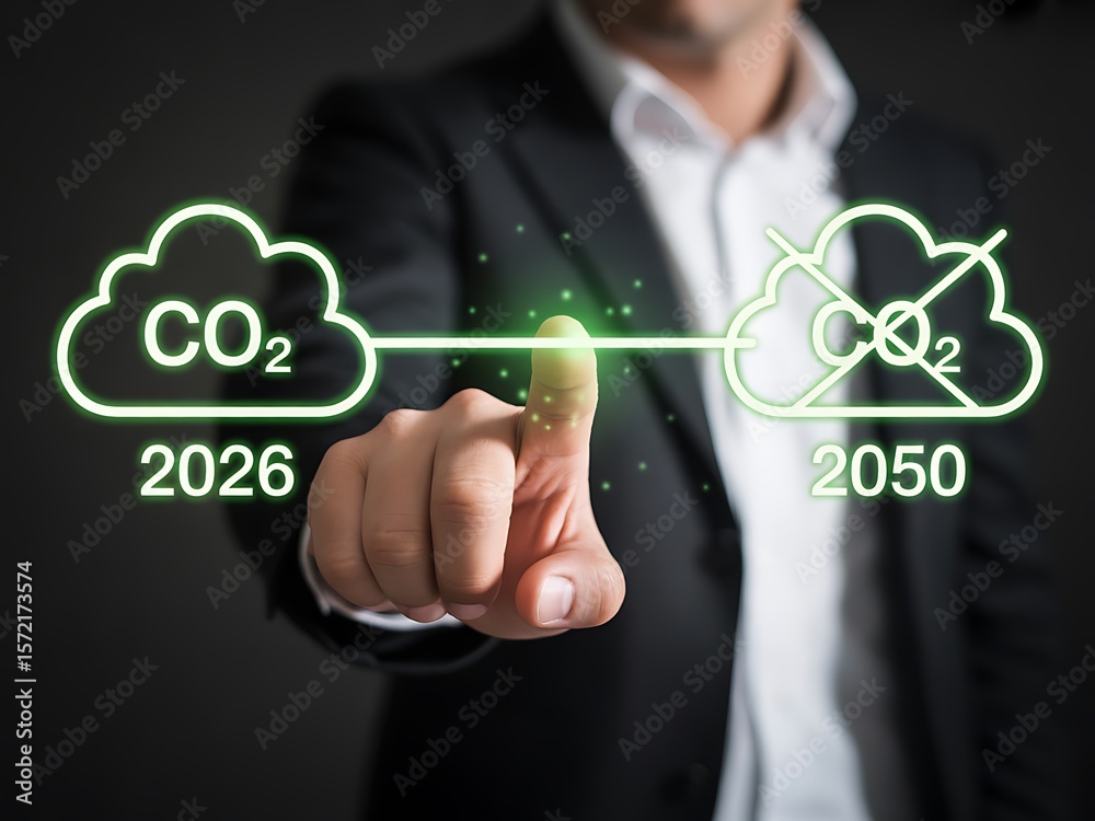 Carbon dioxide reduction goal visualized by businessman touching screen target Carbon dioxide reduction goal visualized by businessman touching screen target