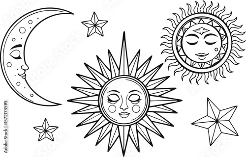 Artistic Sun and Moon Celestial Clipart with Mystical Night Sky Theme. Beautiful Sun and Moon Celestial Clipart Featuring Stars and Cosmic Elements. Elegant Sun and Moon Celestial Clipart