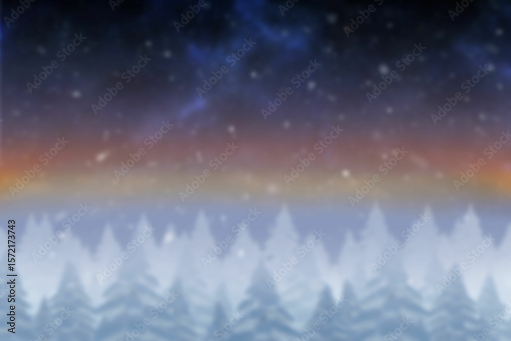 Fototapeta premium Evergreens are standing beneath starry sky with falling snow and aurora glow, flat vector design