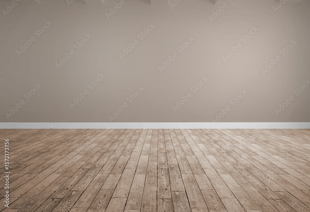 Fototapeta premium Flat design showing empty interior with hardwood floor, beige wall, baseboard trim, exposed beams