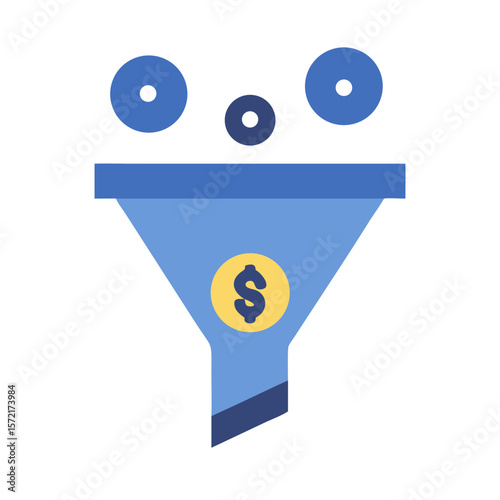 Blue funnel converting data to money against White Background